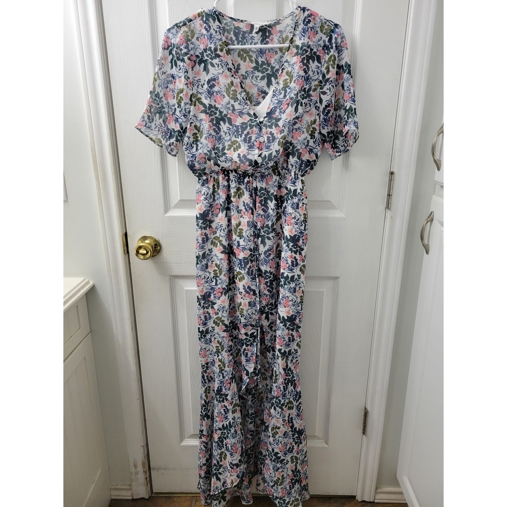 BCBGeneration Floral Chiffon Maxi Dress V-Neck Short Sleeve Pink Blue XS